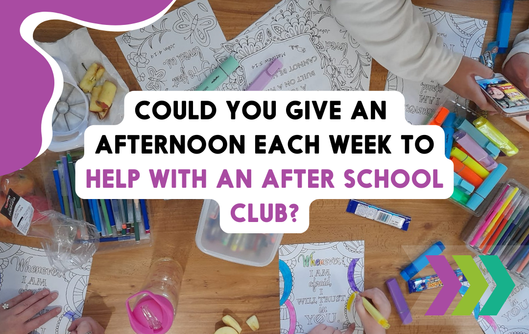 A table that children are colouring at. Could you give an afternoon each week to help at an after school club